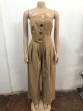Women Style Strapless Large Button Sleeveless Wide-Leg Jumpsuit