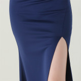 Women One-Shoulder Beaded Wool and Floral Satin Slit Sexy Evening Dress
