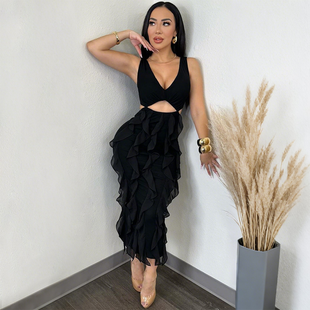 Women Sexy V-Neck Sleeveless Solid Ruffle Slit Dress