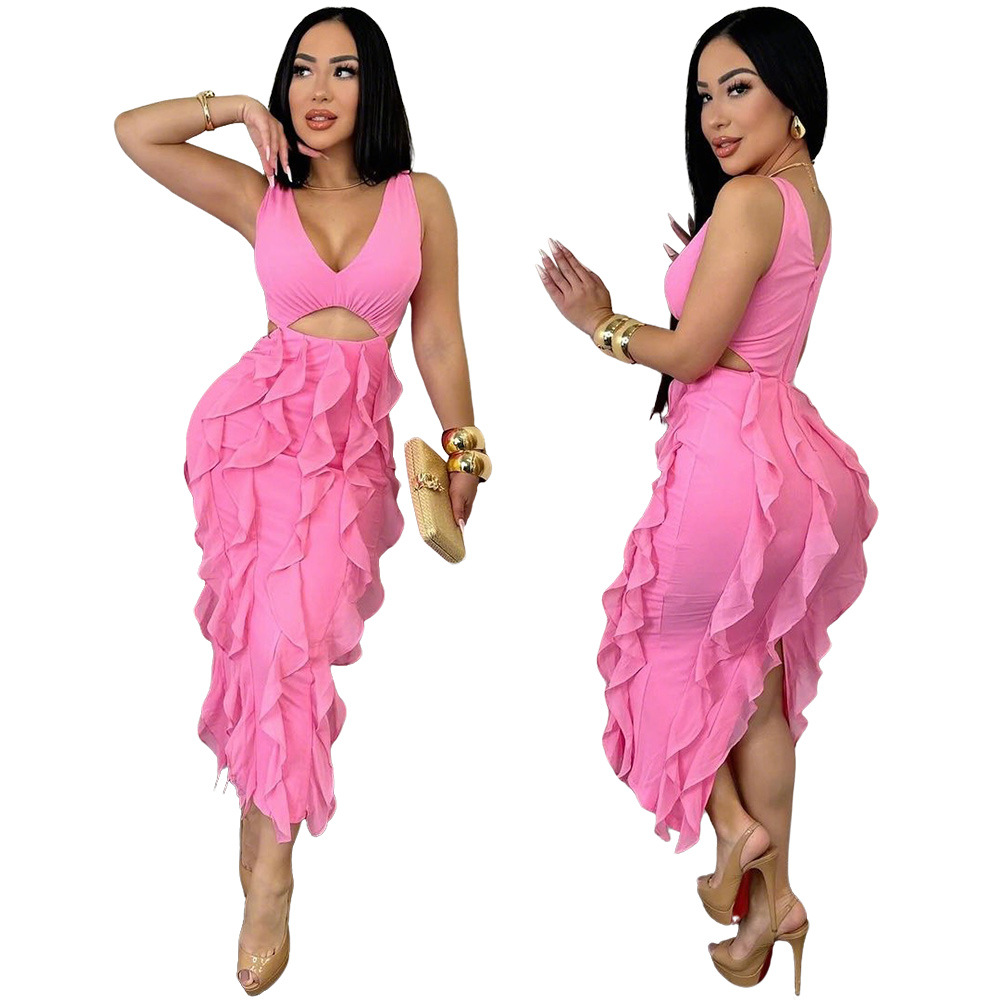 Women Sexy V-Neck Sleeveless Solid Ruffle Slit Dress