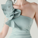 Women One-Shoulder Beaded Wool and Floral Satin Slit Sexy Evening Dress
