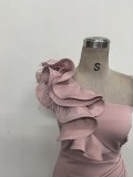 Women One-Shoulder Beaded Wool and Floral Satin Slit Sexy Evening Dress