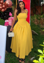 Women Career Pleated Halter Neck Sleeveless Solid Maxi Dress