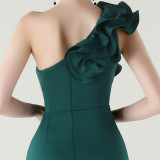 Women One-Shoulder Beaded Wool and Floral Satin Slit Sexy Evening Dress