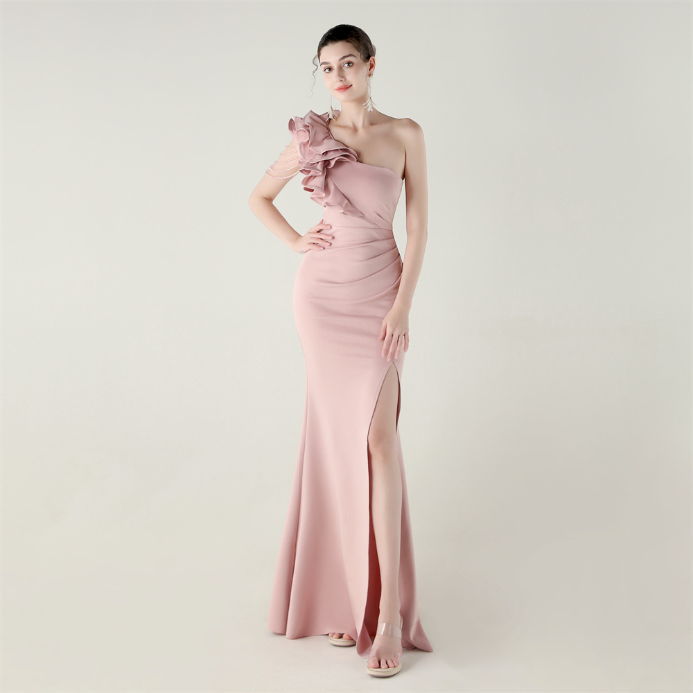Women One-Shoulder Beaded Wool and Floral Satin Slit Sexy Evening Dress