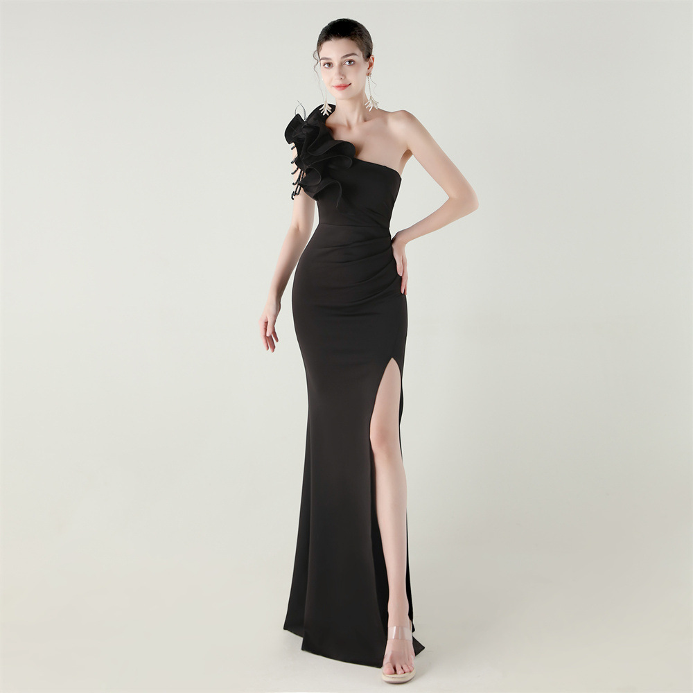 Women One-Shoulder Beaded Wool and Floral Satin Slit Sexy Evening Dress