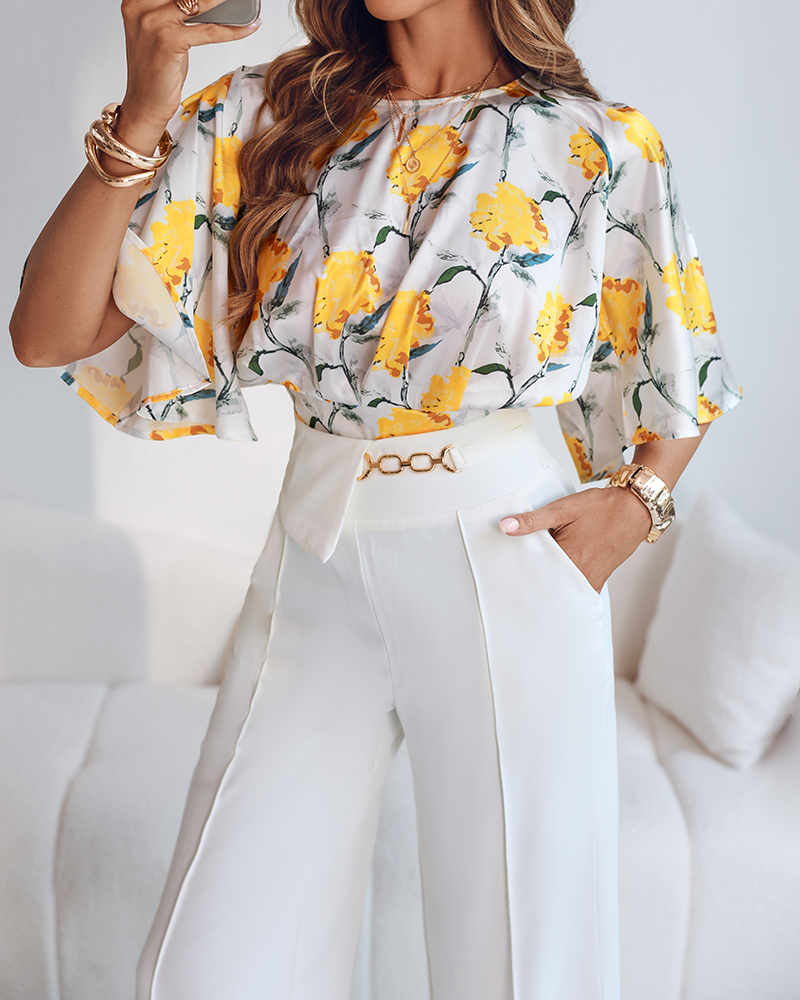 Women Yellow Floral Print Bell Bottom Sleeve Top and Pants Two-Piece Set