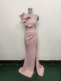 Women One-Shoulder Beaded Wool and Floral Satin Slit Sexy Evening Dress