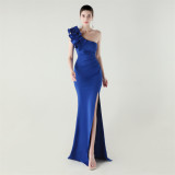Women One-Shoulder Beaded Wool and Floral Satin Slit Sexy Evening Dress