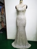 Spring Elegant Bling Bling Sequins One Shoulder Sleeveless Mermaid Formal Cocktail Evening Dress