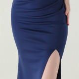 Women One-Shoulder Beaded Wool and Floral Satin Slit Sexy Evening Dress