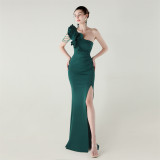 Women One-Shoulder Beaded Wool and Floral Satin Slit Sexy Evening Dress