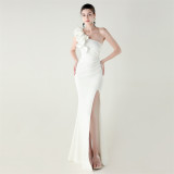Women One-Shoulder Beaded Wool and Floral Satin Slit Sexy Evening Dress