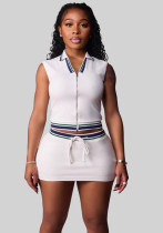 Women Sporty Casual Shirt-Neck Solid Top and Ribbed Skirt Two-Piece Set