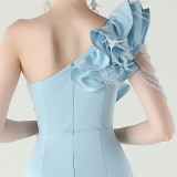 Women One-Shoulder Beaded Wool and Floral Satin Slit Sexy Evening Dress