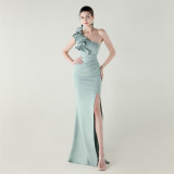 Women One-Shoulder Beaded Wool and Floral Satin Slit Sexy Evening Dress