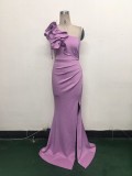 Women One-Shoulder Beaded Wool and Floral Satin Slit Sexy Evening Dress