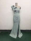 Women One-Shoulder Beaded Wool and Floral Satin Slit Sexy Evening Dress