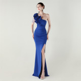 Women One-Shoulder Beaded Wool and Floral Satin Slit Sexy Evening Dress