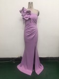 Women One-Shoulder Beaded Wool and Floral Satin Slit Sexy Evening Dress
