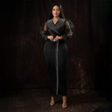 Women Beaded Puff Sleeve Stretchy V-Neck Maxi Dress