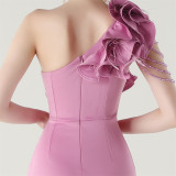 Women One-Shoulder Beaded Wool and Floral Satin Slit Sexy Evening Dress