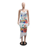 Women Sexy Backless Lace-Up Print Irregular Ruffle Bodycon Maxi Dress