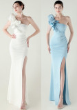 Women One-Shoulder Beaded Wool and Floral Satin Slit Sexy Evening Dress