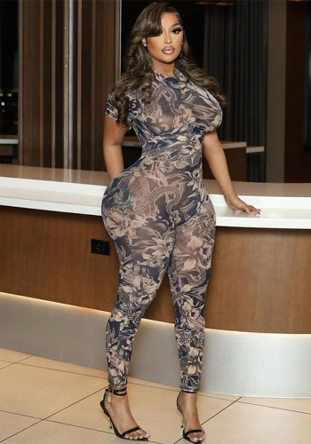 Women Sexy Backless Print See-Through Mesh Jumpsuit