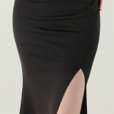 Women One-Shoulder Beaded Wool and Floral Satin Slit Sexy Evening Dress