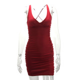 Women Summer V-Neck Backless Pleated Bodycon Dress