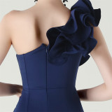 Women One-Shoulder Beaded Wool and Floral Satin Slit Sexy Evening Dress