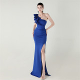 Women One-Shoulder Beaded Wool and Floral Satin Slit Sexy Evening Dress