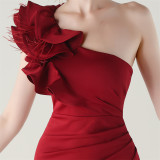 Women One-Shoulder Beaded Wool and Floral Satin Slit Sexy Evening Dress