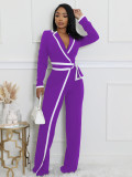 Women autumn and winter belt contrast color long-sleeved Jumpsuit