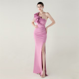 Women One-Shoulder Beaded Wool and Floral Satin Slit Sexy Evening Dress