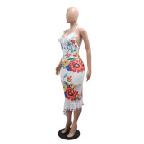 Women Sexy Backless Lace-Up Print Irregular Ruffle Bodycon Maxi Dress