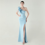 Women One-Shoulder Beaded Wool and Floral Satin Slit Sexy Evening Dress