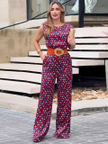 Women Summer Sleeveless Diamond Plaid Wide-Leg Jumpsuit