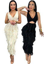 Women Sexy V-Neck Sleeveless Solid Ruffle Slit Dress Women Sexy V-Neck Sleeveless Solid Ruffle Slit Dress