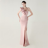 Women One-Shoulder Beaded Wool and Floral Satin Slit Sexy Evening Dress