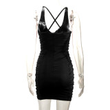 Women Summer V-Neck Backless Pleated Bodycon Dress