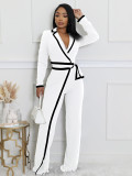 Women autumn and winter belt contrast color long-sleeved Jumpsuit