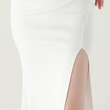 Women One-Shoulder Beaded Wool and Floral Satin Slit Sexy Evening Dress