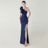 Women One-Shoulder Beaded Wool and Floral Satin Slit Sexy Evening Dress