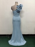 Women One-Shoulder Beaded Wool and Floral Satin Slit Sexy Evening Dress