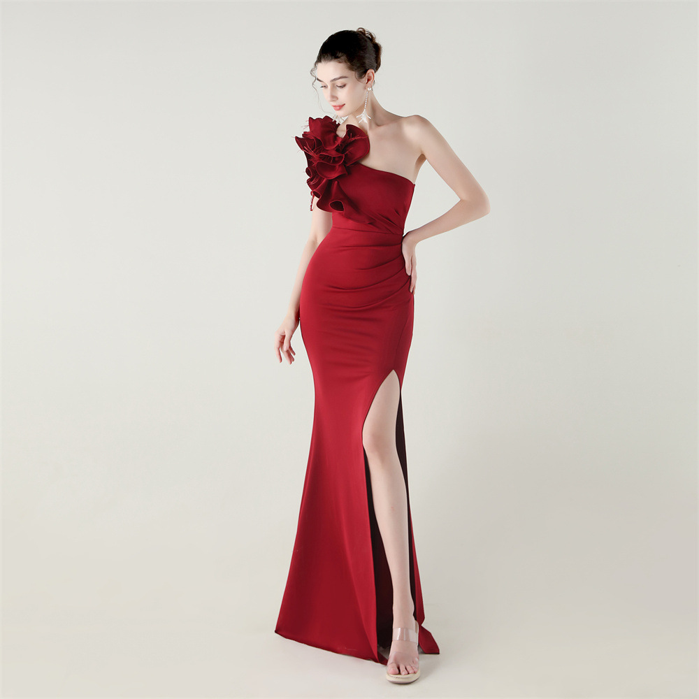 Women One-Shoulder Beaded Wool and Floral Satin Slit Sexy Evening Dress