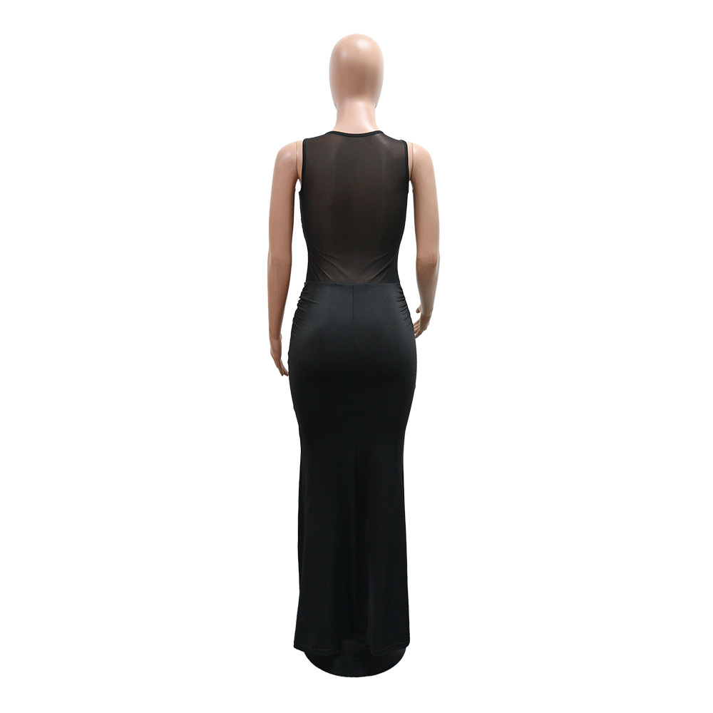 Women Mesh Patchwork Sexy See-Through Bodycon Maxi Dress