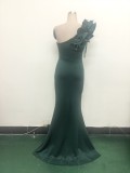 Women One-Shoulder Beaded Wool and Floral Satin Slit Sexy Evening Dress