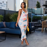 Women Sexy Backless Lace-Up Print Irregular Ruffle Bodycon Maxi Dress